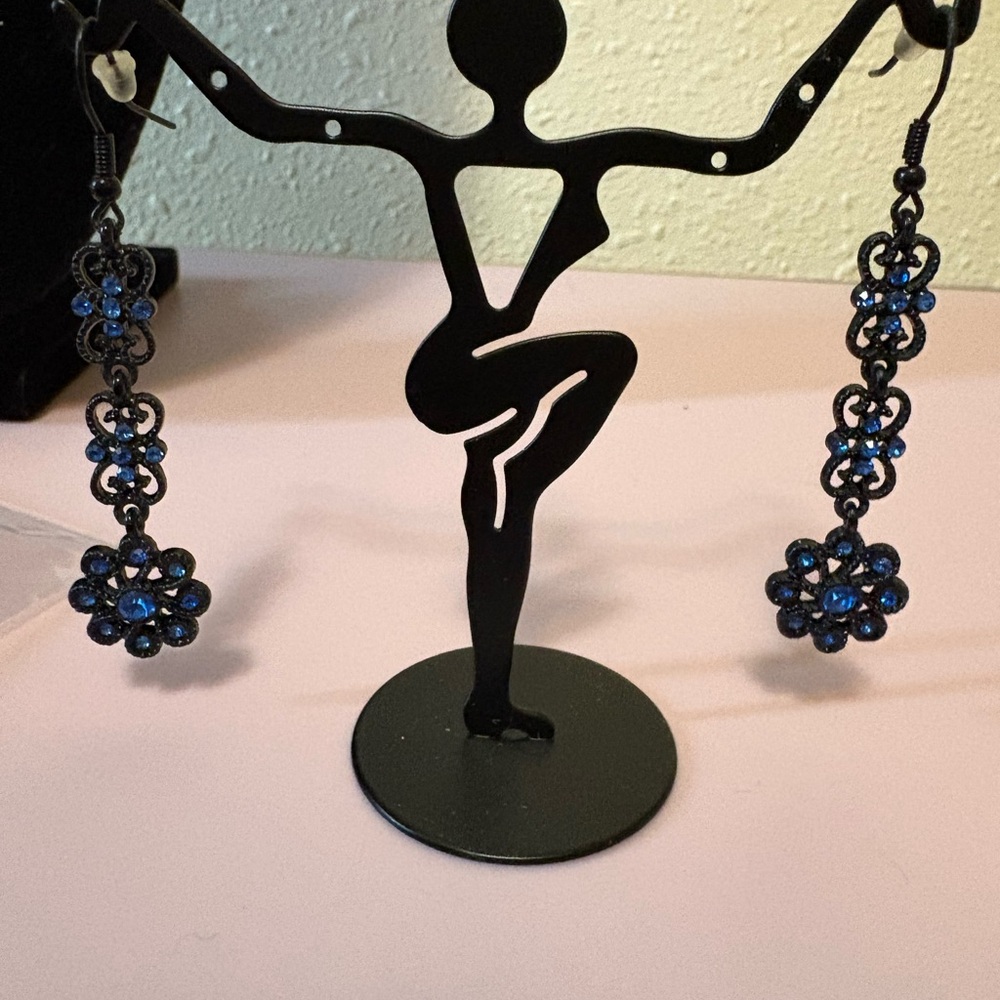 Black Dangle Earrings with Blue Rhinestones